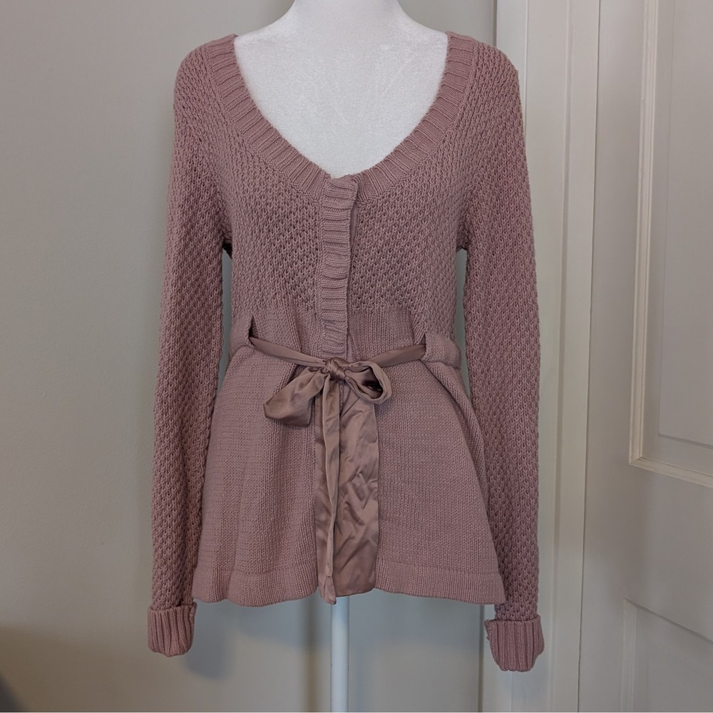 Elle Women's Chunky Cardigan Sweater SMALL Fitted‎ Layer Satin Bow Easter Mauve